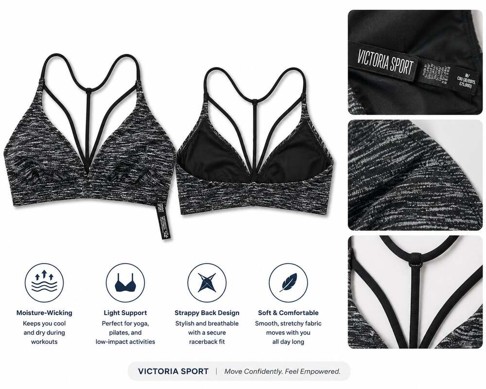 Victoria Sport Strappy Back Light Support Bralette Black Space Dye